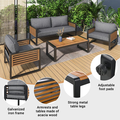 Tuinbankstel – Tuinmeubelset – Buitenbank – Loungeset – Verzinkt Stalen Frame – Acaciahouten Tafelblad – Comfortabele 7 Cm Kussens - Grijs