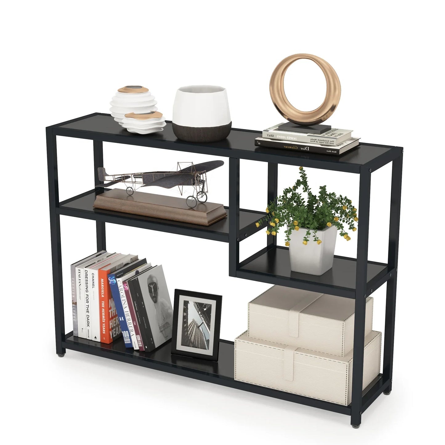 Sidetable - Smalle tafel - Smalle kast - Vakkenkast - Industrieel - Hout en Metaal - 110x30x85cm - Zwart