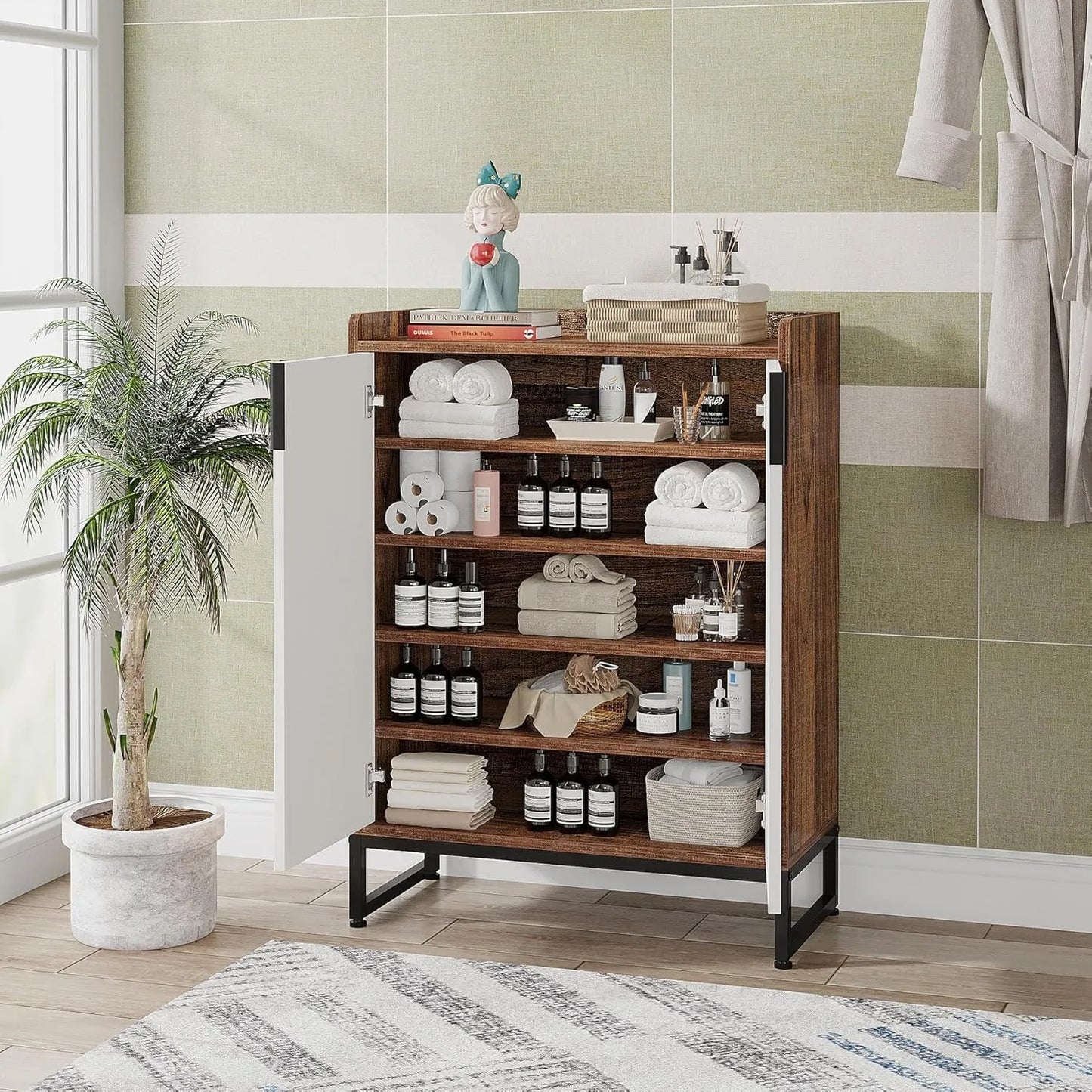 Schoenenkast – Schoenenopslag – Schoenenrek – Schoenenmeubel – Organizer – Vijf Ruime Compartimenten – MDF Metalen Accenten - 75 x 35 x 105 cm - Bruin