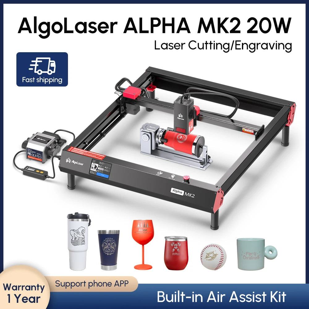 40x40CM/40X85CM 20W AlgoLaser Alpha MK2 with Air Pump/Rotary Chuck/Honeycomb Working Table/Raiser/10 pcs Marking Paper Optional