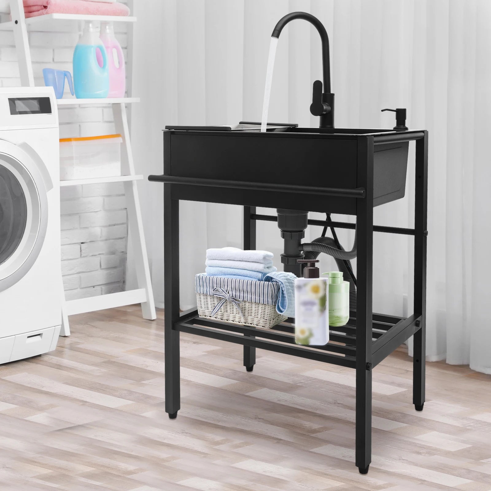 Vrijstaande Keukenspoelbak – Spoelbak, Wasbak, Keukenspoelbak, Inloopbak – Zwart, Rechthoekig – 201 Roestvrij Staal, 360° Draaibare Kraan – 60x45x86 cm, Inclusief Accessoires - QUORE