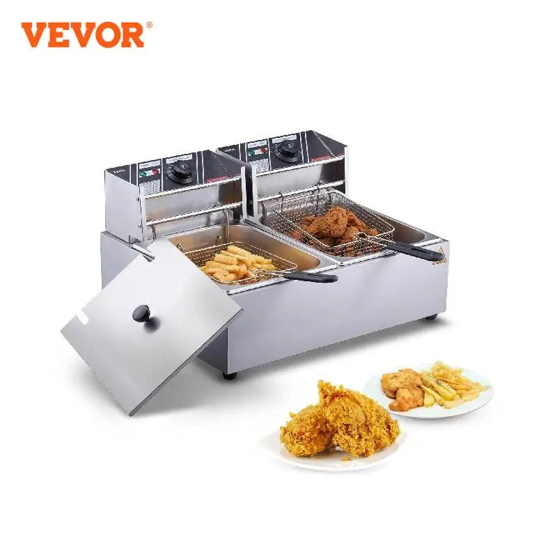 VEVOR 12L 3000W Commercial Electric Deep Fryer w/Dual Tanks  Stainless Steel Countertop Fryer for Fried Chicken French Fries - QUORE