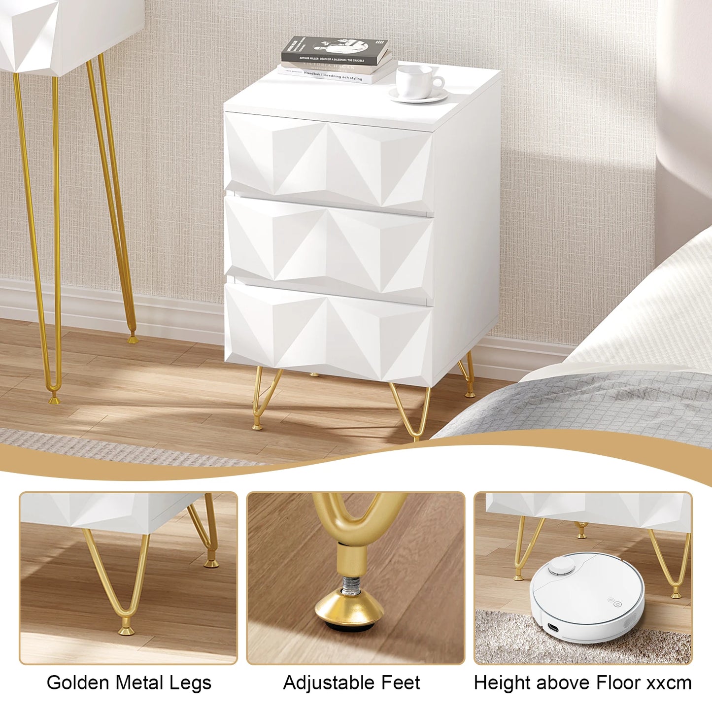 Nachtkastje - Salontafel - Bijzet - MDF - Opbergeenheid - met 3 Lades - 40x53x40cm - voor Slaapkamer - Woonkamer - Interieurdecoratie - Wit