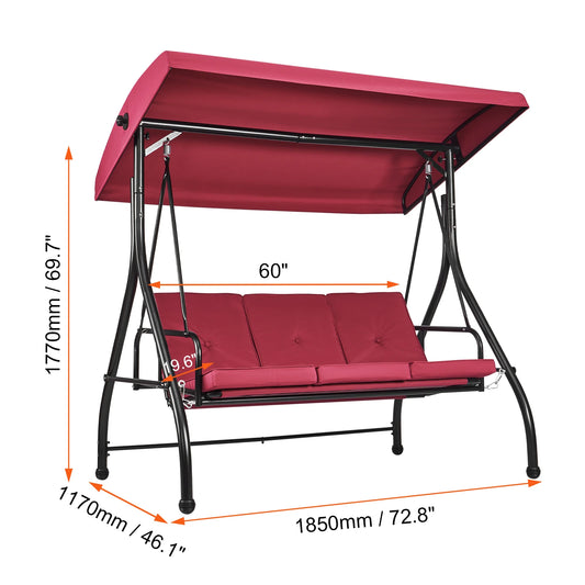 Swing Bench - Swing Benches - Swing Bench 3 Persons - Hanging Bench - Hollywood Swing - 3-Seater - with Adjustable Canopy Removable Thick Cushion - 72x47in - Red/Burgundy