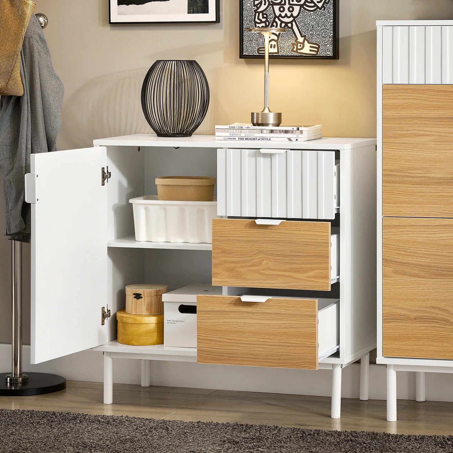 Sideboard – Dressoir – Buffetkast – Opbergkast – Schoenenkast – Wit-Naturel – MDF En Metaal – Compact Formaat 75x76x35 cm