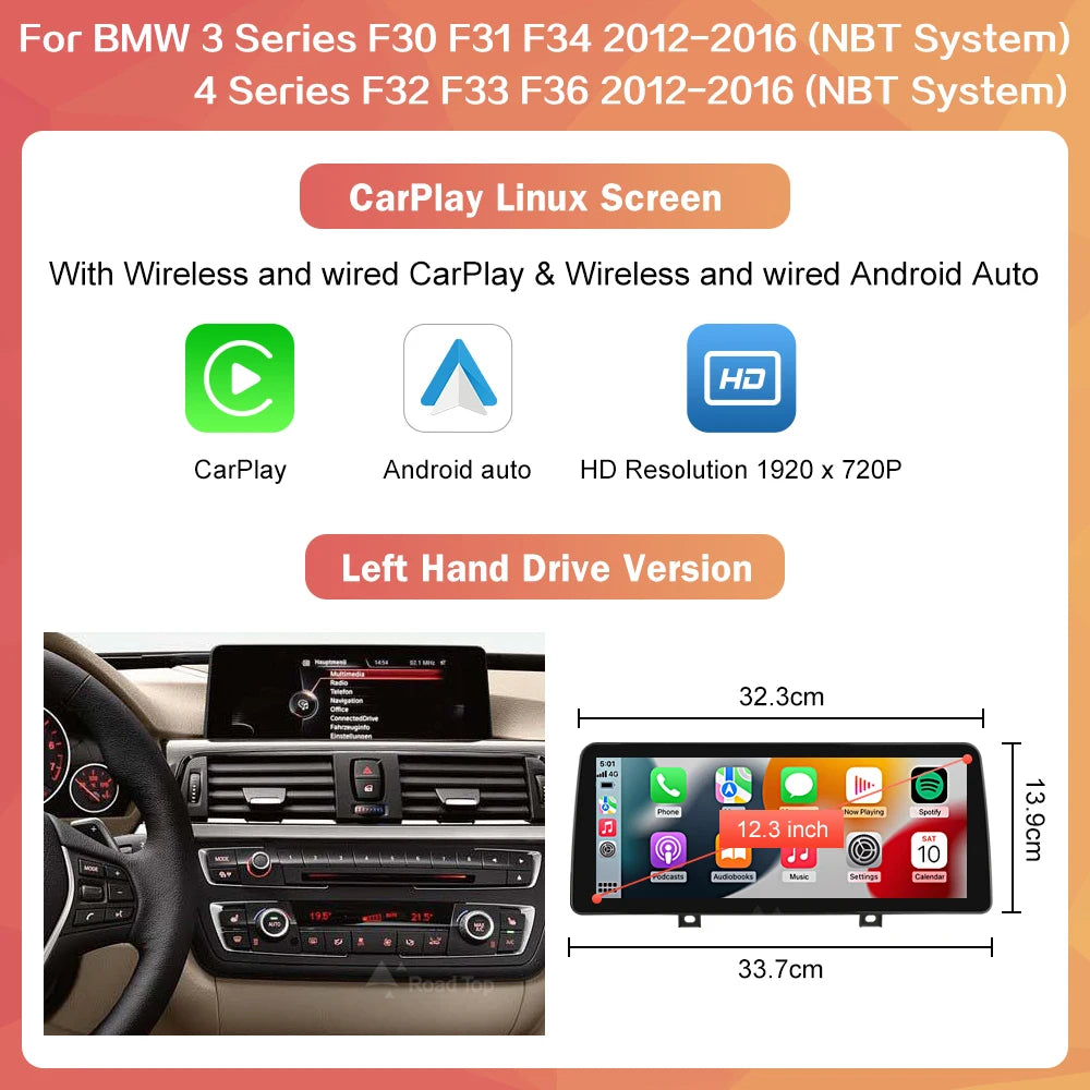12.3 Inch Multimedia Scherm – Auto Entertainment Systeem – Touchscreen Navigatie – CarPlay Android Auto – BMW 1 2 3 4 Serie F30 NBT EVO – Draadloos – Stuurwielbediening