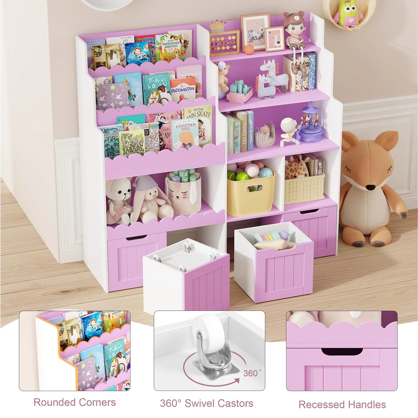 Kinderboekenkast – Speelgoedkast – Opbergkast – Boekenkast – Speelkamermeubel – Roze Kleur – 4 Lades Op Wieltjes – Kantelbeveiliging