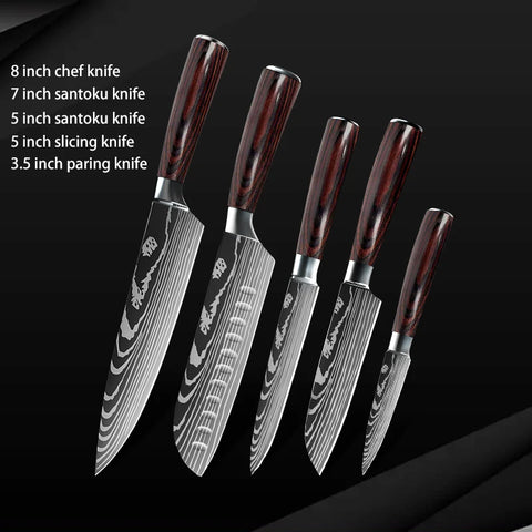 Keukenmessen - Knife set - Chef Knife - Knives - Kitchen Knife - Roestvrij staal met hoog koolstofgehalte - Damascus-tekening - Hakmesset - Santoku-koksmes - 7stuks
