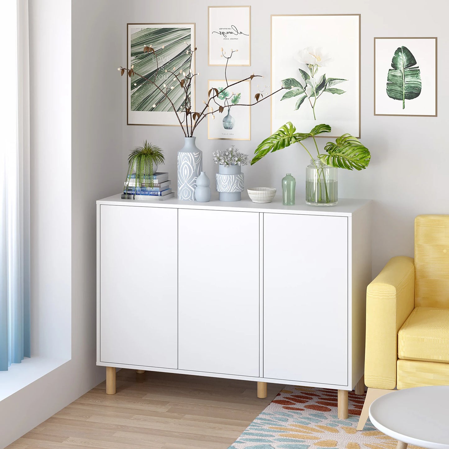 Witte Dressoirkast – Dressoir – Opbergkast – Buffetkast – Kastenmeubel – Met Verstelbare Planken – Handloos Druk-Open Deursysteem – 107x40x80 cm – Houten Poten