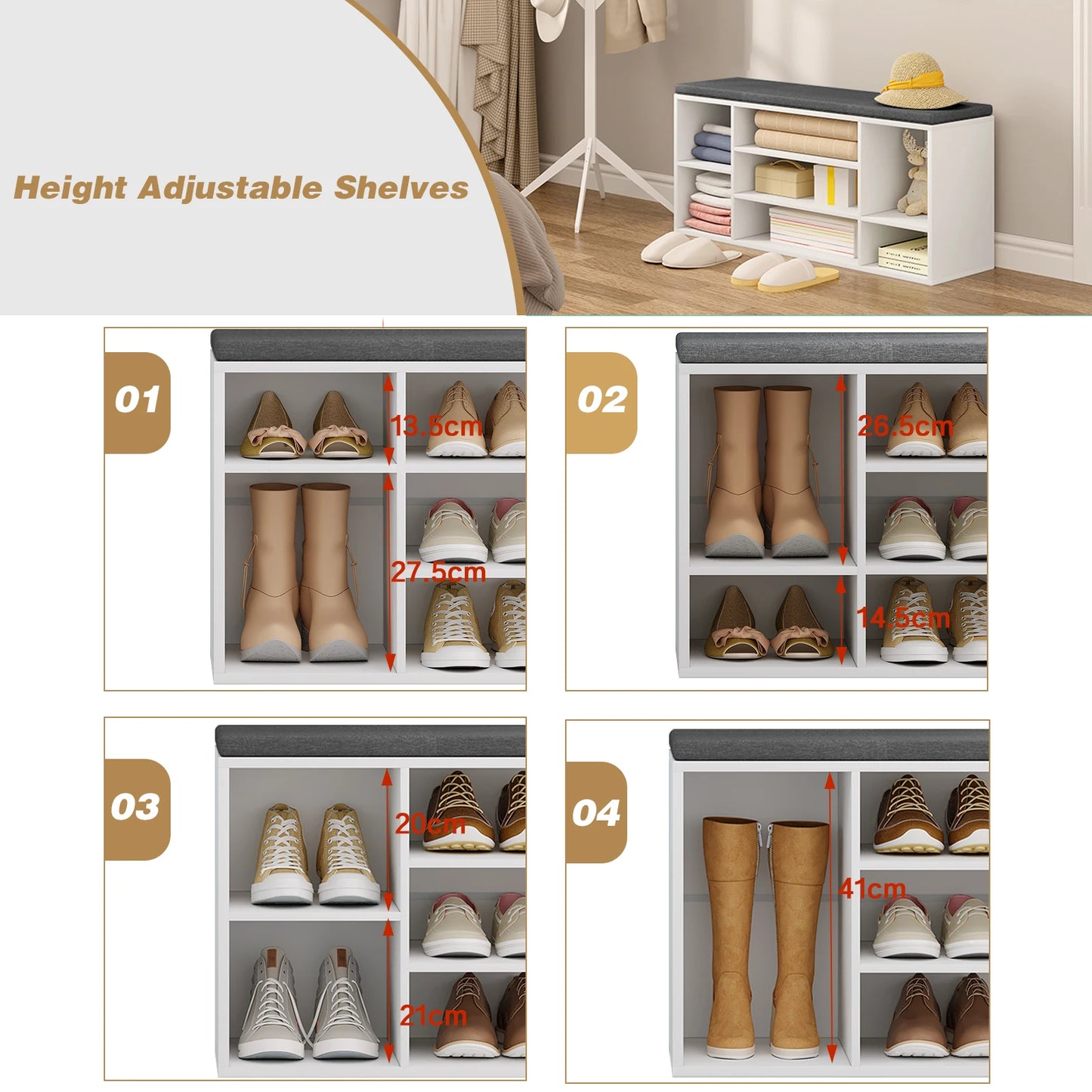 Hal Schoenenkast - Schoenenbank - Schoenenrek - Schoenkast - 103.5x30x48cm - Vrijstaand & 7 Compartimenten – Opbergbank met Stoffen Kussen - Wit & Grijs