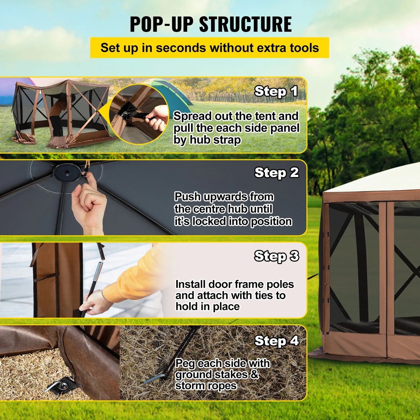 Pop-up Tent - Tent - Kampeertent - Pop-up Tenten - 6 Zijden Canopy - Sun Shade - 10 x 10ft - voor Buiten Kamperen - Hiking - Bruin