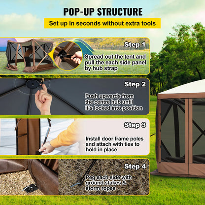 Pop-up Tent - Tent - Kampeertent - Pop-up Tenten - 6 Zijden Canopy - Sun Shade - 12 x 12 ft - voor Buiten Kamperen - Hiking - Bruin
