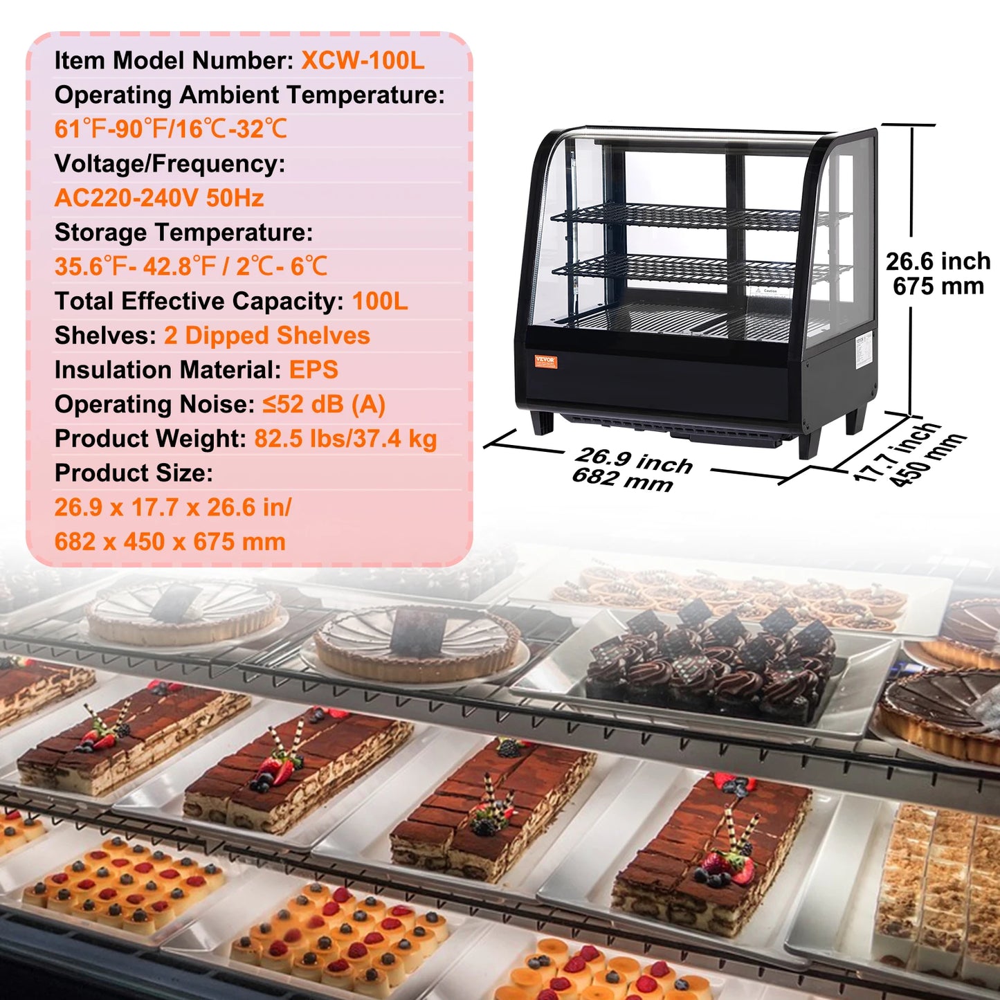 Gekoelde Displaykast – Koelvitrine – Koelkast – Presentatiekast – Bakkerskast – 278 Liter Inhoud – LED-Verlichting - 3,5 Kubieke Voet Boog