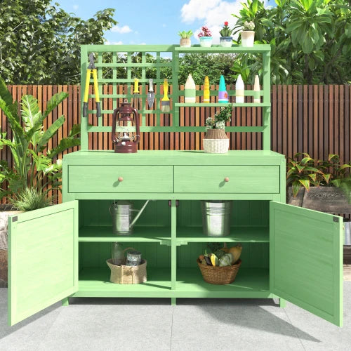 Houten Tuinkast - Tuinhuisje - Buitenkast - Gereedschapsschuur - Gereedschapskast - Gereedschapshuisje - Terraskast - met Werkblad - en Opbergruimte - 105x44x141,5 cm - Balkon - en Tuinmeubilair - Groen