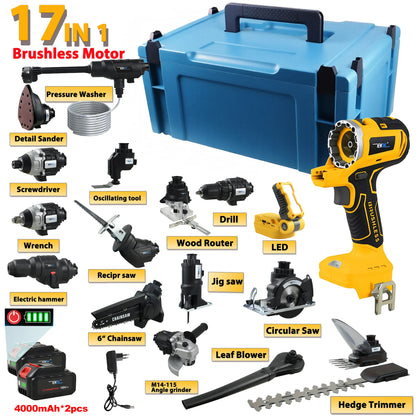 Professional 17-in-1 Brushless Power Tool Kit with 2×18V Lithium Battery Portable tool Case Cordless Power Tool Combo kit W/LED