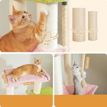 Krabpaal - Kattenkrabpaal - Krabton - Kattenboom - Krabpalen - Kattenhuis - Robuuste Klimtoren met Meerdere Verdiepingen - 11 Sisalpalen en Extra Grote Ligplateaus - met Hangmat - Lichtroze