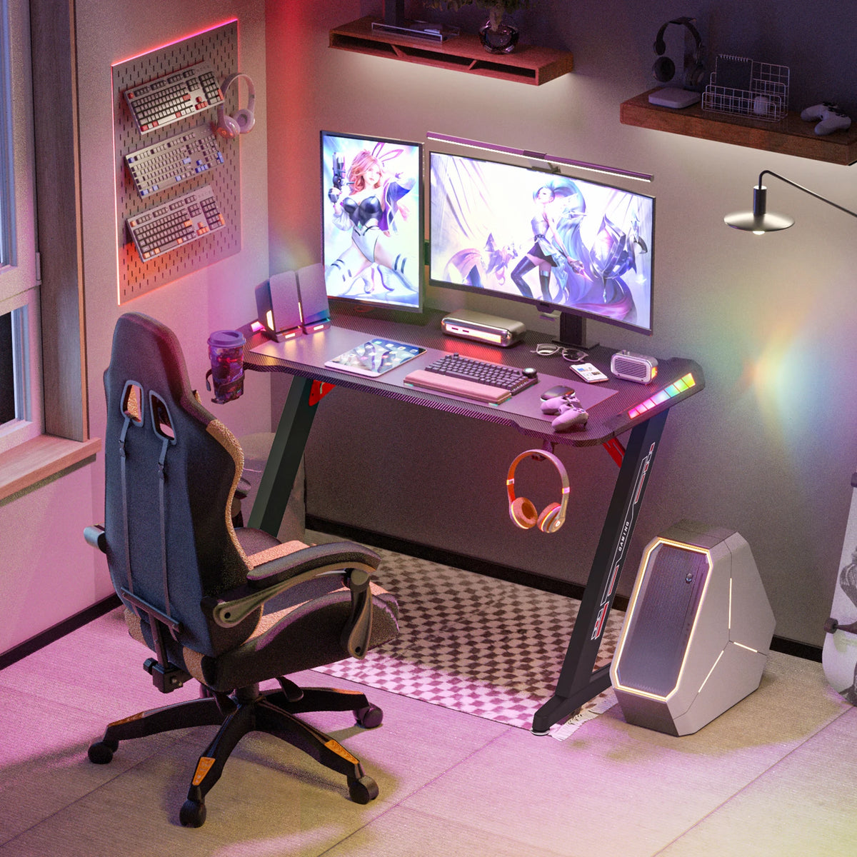 Groot laptopcomputerbureau - 55,11 x 23,62 x 30,71 inch - Rechthoekig staand bureau - Z-vormig - Gaming en thuiskantoor - PC-bureau - In hoogte verstelbaar - Zwart - QUORE