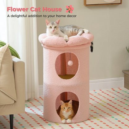 Kattenhuis - met 2 Verdiepingen - Binnen – Houten bed - met Afneembaar Bloemenkussen - Ruime Kattengrot - Hangspeeltje - Krabpaal - 73cm Hoog - Bruin