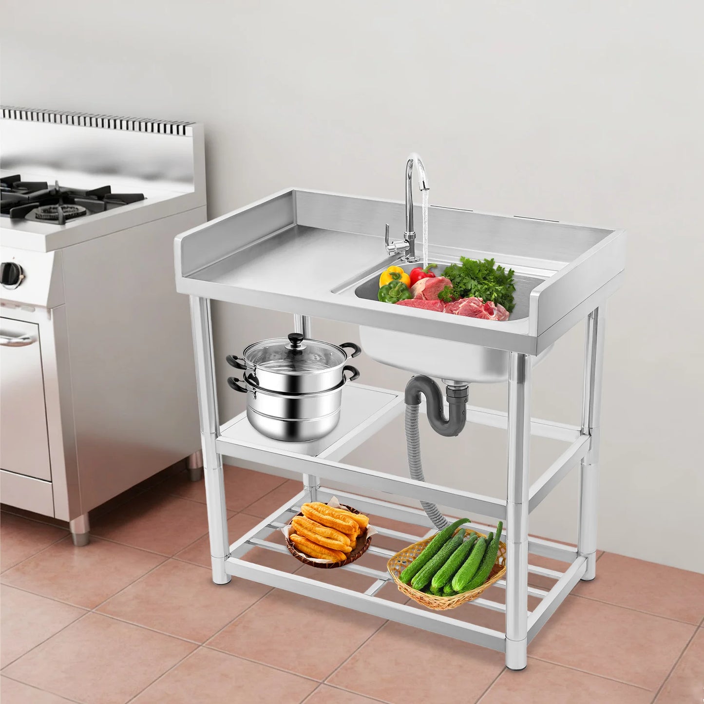 RVS Spoelbak – Spoelbakken – Keukenspoelbak – Enkele Kom – Vrijstaande Spoelbak – 90x50x80 cm – Roestvrij Staal – 360° Draaibare Kraan - QUORE