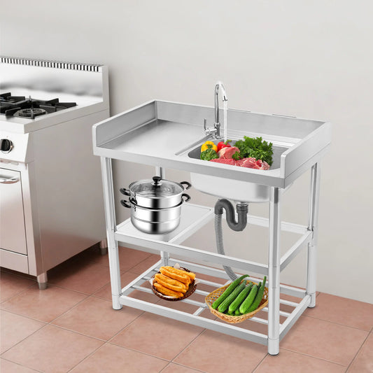RVS Spoelbak – Spoelbakken – Keukenspoelbak – Enkele Kom – Vrijstaande Spoelbak – 90x50x80 cm – Roestvrij Staal – 360° Draaibare Kraan - QUORE
