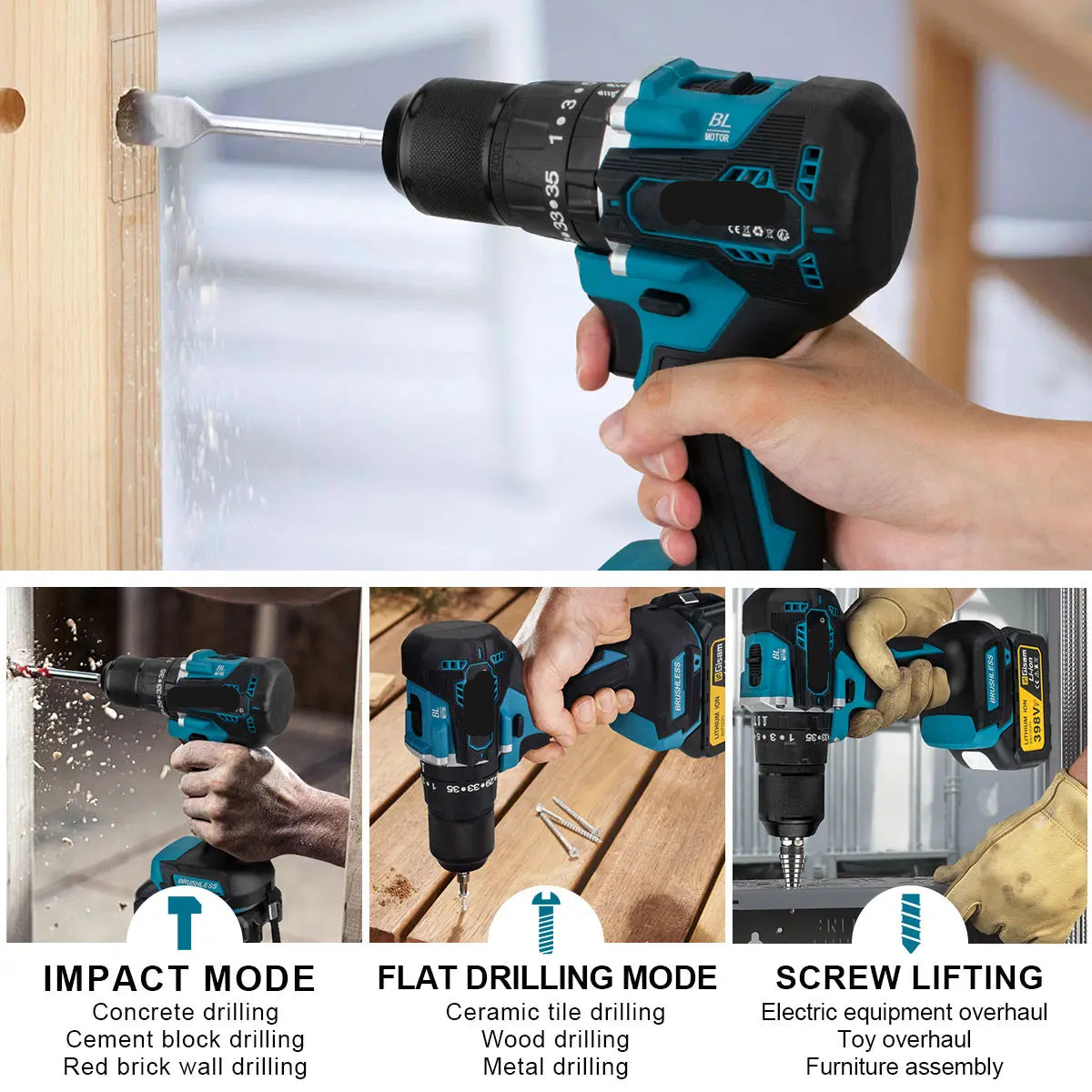 Accuboormachine - Accu Schroevendraaier - Boormachines - Accuboormachine - Slagmoersleutel, Haakse Slijper & Elektrische Boorhamer - 4-delige Brushless Gereedschap Set - QUORE