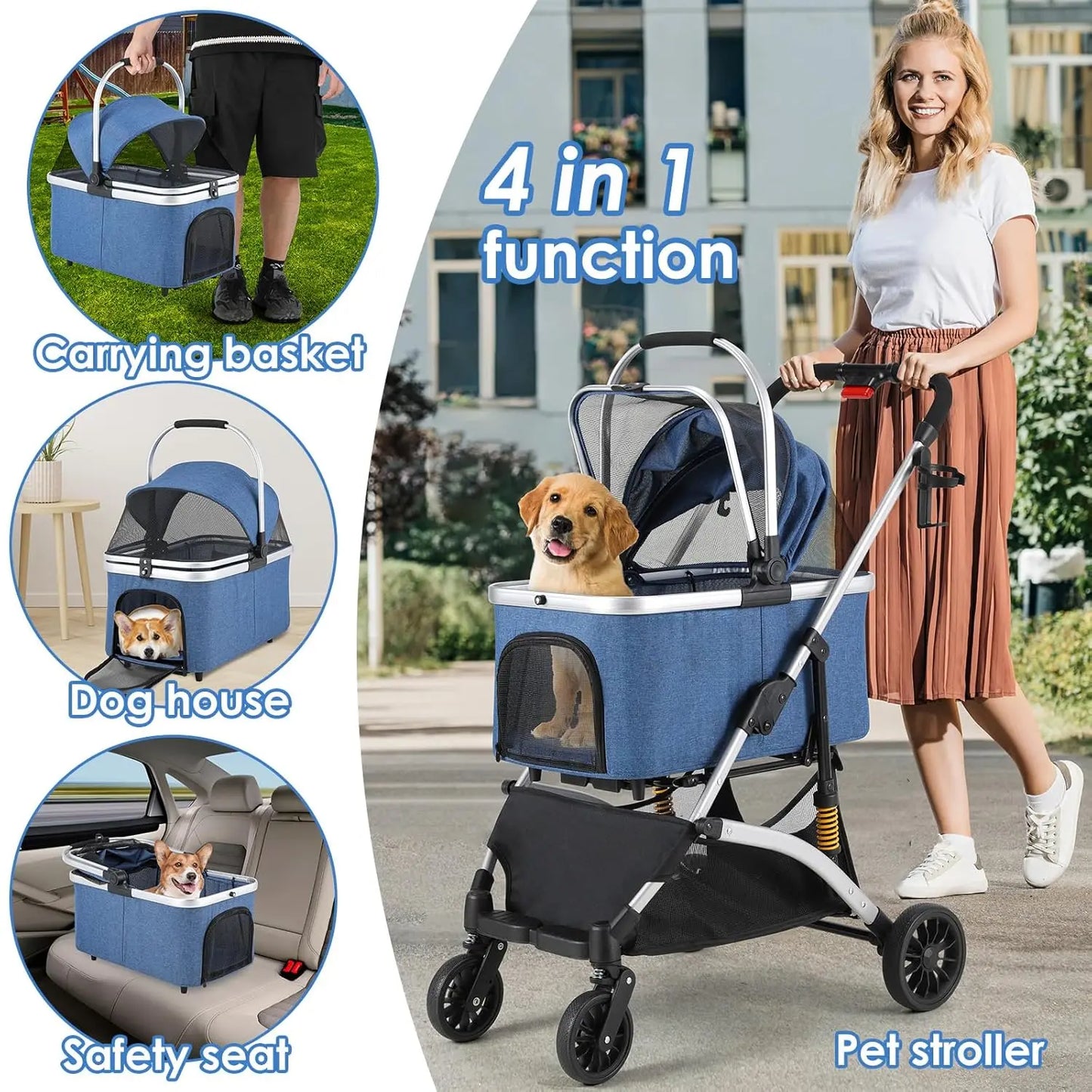 Hondenbuggy - Hondenwagen - Hondenkar - Hondenbuggy Inklapbare - 4-in-1 - Huisdierenbuggy - Afneembare Draagtas & Autostoel – Aluminium Frame – Honden- en Kattenwagen - Roze en Zilver