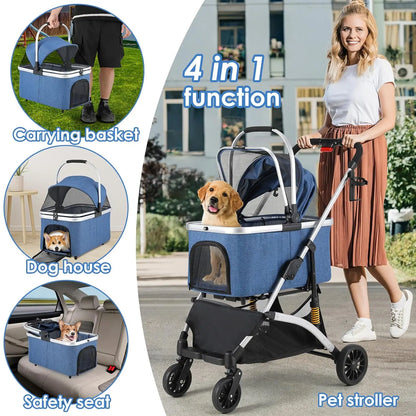 Hondenbuggy - Hondenwagen - Hondenkar - Hondenbuggy Inklapbare - 4-in-1 - Huisdierenbuggy - Afneembare Draagtas & Autostoel – Aluminium Frame – Honden- en Kattenwagen - Roze en Zilver