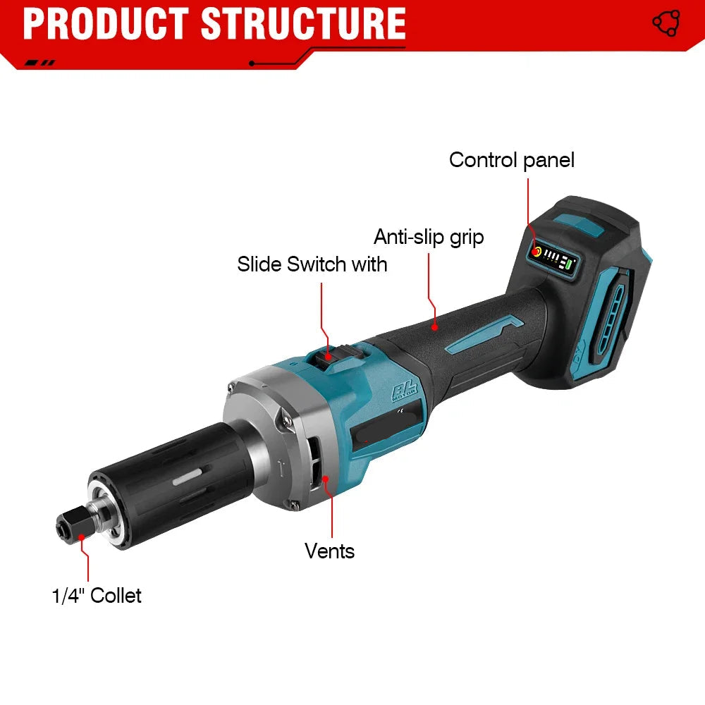 Rechte Slijpmachines - met Brushless - 2000W Draadloze - 35000RPM - 6mm Slijpmachine - 4 Snelheden Variabel -18V - Professionele Slijprotools - voor Graveer - Polijstmachine - Snijden - Zonder Batterij