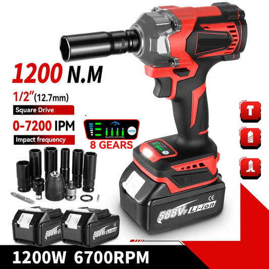 Slagmoersleutel - met Accu - Draadloze - Elektrische -Torque - 2800W - Slagschroevendraaier - 6800RPM - Borstelloze - 1/2 Inch - 18V - 2800Nm - Incl. LED-licht - 2 Batterij