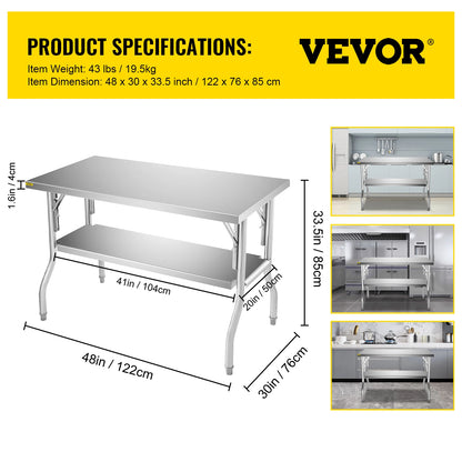 SucceBuy Single/Double-Shelf Professional Stainless Steel Open Kitchen Folding Work Prep Tables Easy Storage for Home Commercial