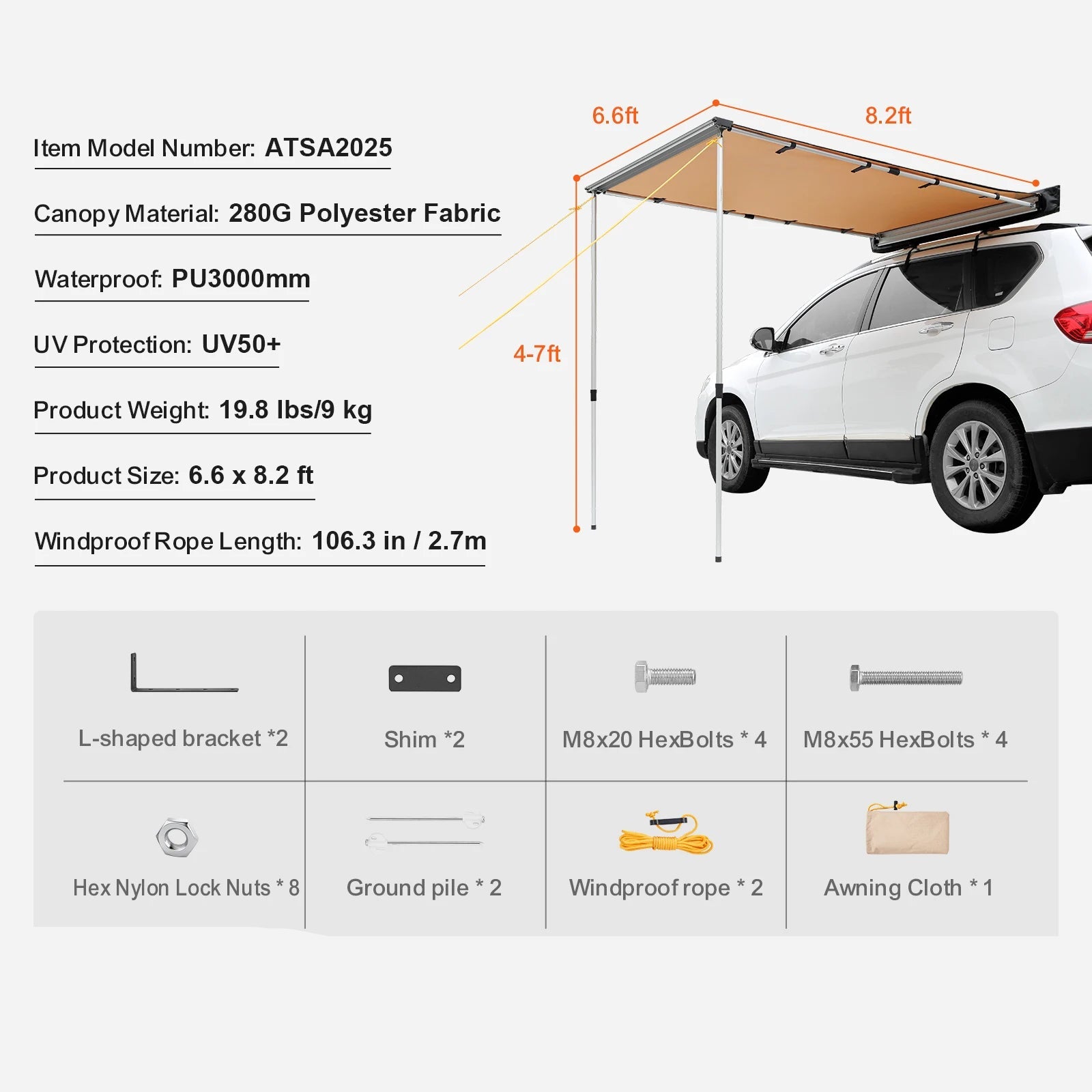 270° Luifel - Uitschuifbare - Autozijluifel - Waterdichte Dakluifel - voor SUV - Camper en Truck - 280G Polyester Stof - met PU3000mm Coating - 6.6x8.2ft - QUORE