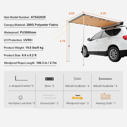 270° Luifel - Uitschuifbare - Autozijluifel - Waterdichte Dakluifel - voor SUV - Camper en Truck - 280G Polyester Stof - met PU3000mm Coating - 6.6x8.2ft - QUORE