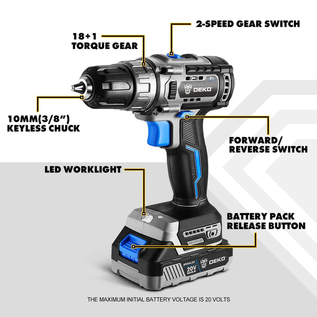 Accuboormachine - 20V - Boormachine - 2 snelheden - 42 N.m - Borstelloos - Combinatiekit - Zwart & Blauw