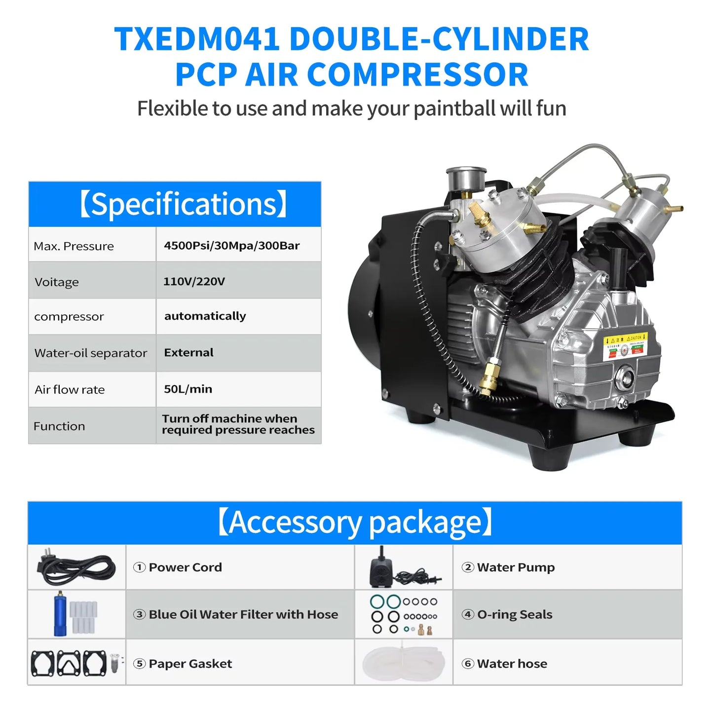 TUXING TXEDM041 PCP Air Compressor Double Cylinder 4500Psi 300Bar For 6.8L Scuba Diving Tank 2200W 50L/Min