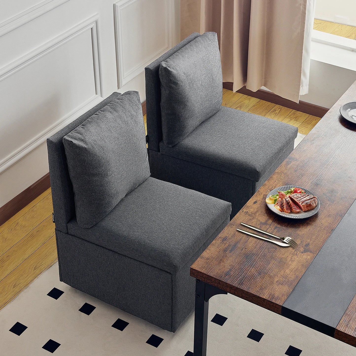 Eetkamerstoelen – Gestoffeerde Stoelen – Stoelen Met Wielen – Opbergruimte Stoelen – Zacht Kunstlinnen – Houten Frame – 24 Liter Opbergvak - Grijs