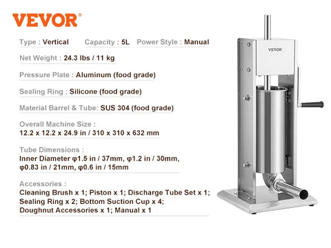 Sausage Filler - Sausage Maker - Manual Sausage Filler - Sausage Filling Machine - 5L - Stainless Steel - with 4 filling funnels