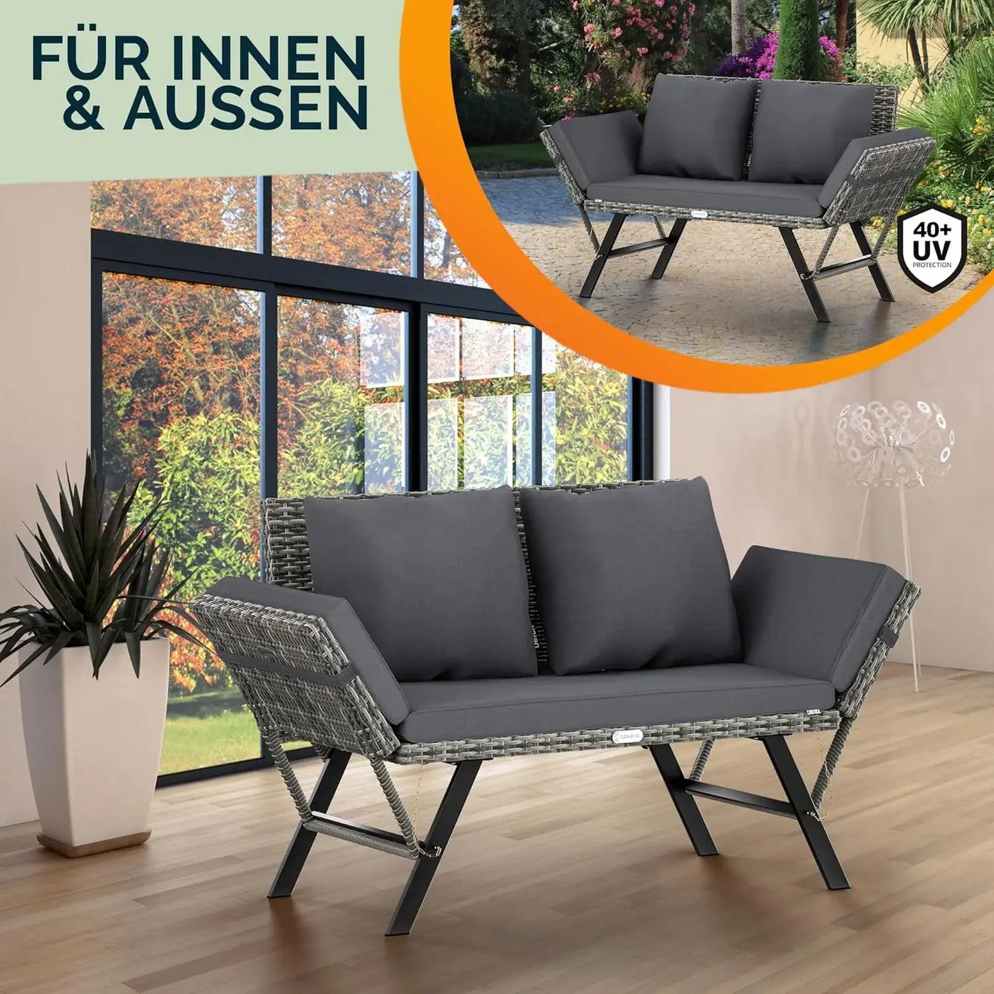 Tuinbank – Buitenbank – Ligbank – Polyrattan Bank – 2-In-1 Ligstoel – Weerbestendig – 240 Kg Draagkracht