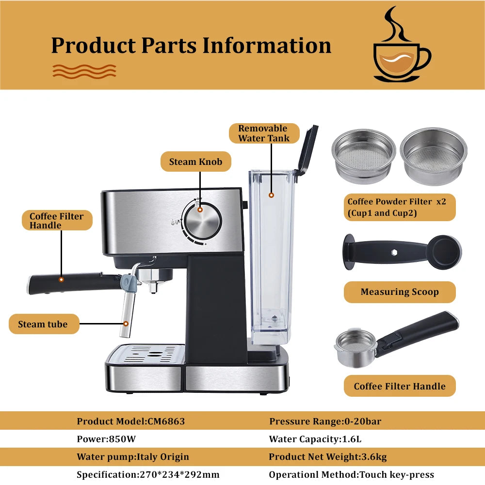 Espressomachine – Koffiezetapparaat – Cappuccinomachine – Melkopschuimer – 20 Bar Pomp – 1,6 Liter Watertank