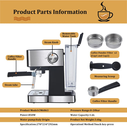 Espressomachine – Koffiezetapparaat – Cappuccinomachine – Melkopschuimer – 20 Bar Pomp – 1,6 Liter Watertank