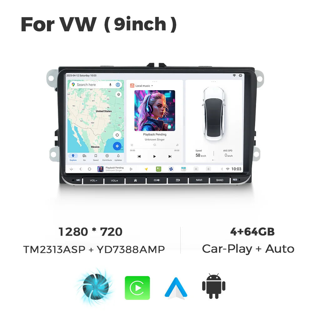 9" 2 DIN Autoradio – Multimedia Speler – CarPlay Draadloos – Android Auto – GPS Navigatie – 12 GB RAM – 4G LTE Wifi