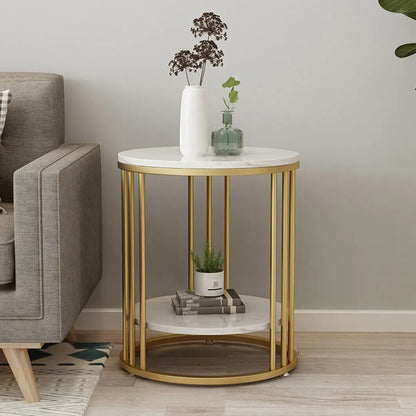 Bijzettafel Rond - Salontafels - Tafeltje Rond - Bijzettafeltjes Woonkamer - Legplank 2 Niveaus - Sieraden Opberger - Metalen Frame - Gold.