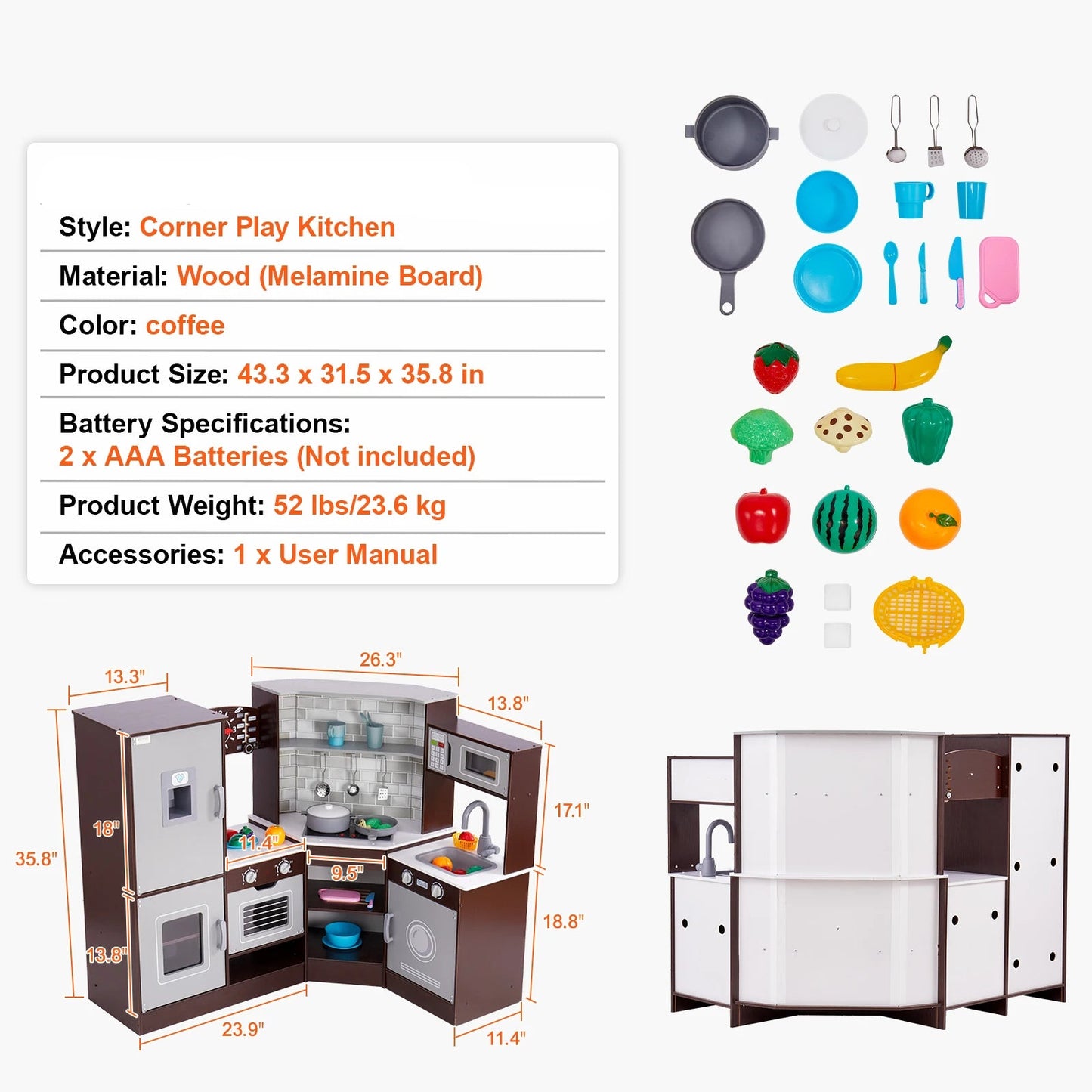 Speelkeuken - Speelgoedkeuken - Keukenset - met Ijsmachine - voor 3-6 jaar - Peuters - Solide Structuur - Oneindige Verbeelding - Educatieve Waarde - Leuke Interactie - Hout - 110 x 80 x 91 cm - Koffie