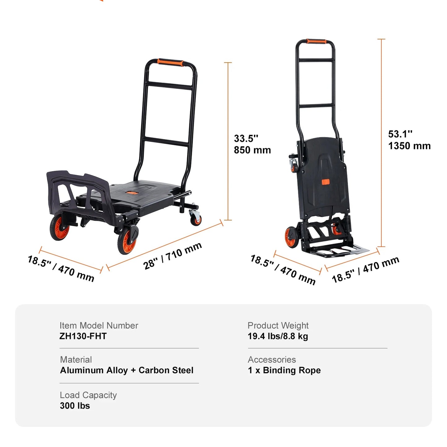 Steekwagen - Steekkar - Traploper - Transportwagen - Draagvermogen 136 kg - Vouwbare Handtruck - Aluminium Zware Industriële Dolly Kar - voor Transport en Verhuiswerk - Zwart