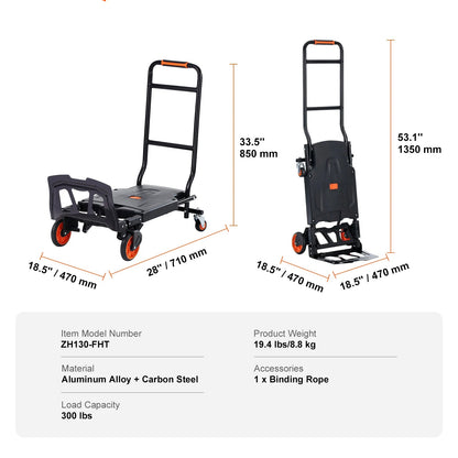 Steekwagen - Steekkar - Traploper - Transportwagen - Draagvermogen 136 kg - Vouwbare Handtruck - Aluminium Zware Industriële Dolly Kar - voor Transport en Verhuiswerk - Zwart