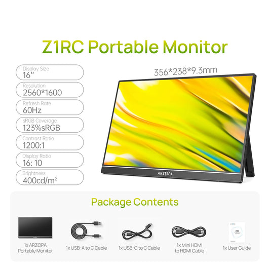 16 Inch Draagbare Monitor – Extern Scherm – Mini Beeldscherm – Tweede Scherm – Gaming Monitor – IPS Scherm – 2.5K Resolutie – Aluminium Behuizing - QUORE