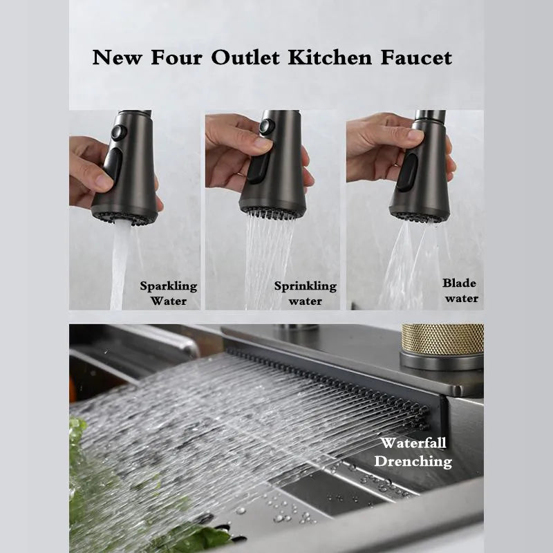Keukenkraan – Spoelbak – Mengkraan – Watervalkraan – Uittrekbare Uitloop – RVS 304 – 21 cm Diep – Dubbele Rails
