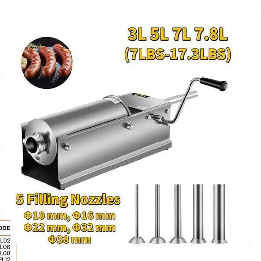 Worstenvuller – Worstenmaker - Worstmachine - Professionele 5L RVS Horizontale Worstenvuller – Handmatige Worstmaker – Inclusief 5 Vulmondstukken - QUORE