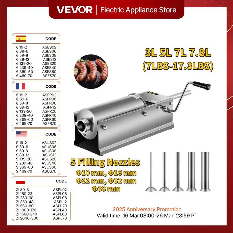 VEVOR 3L 5L 7L 7.8L Horizontal Sausage Stuffer Food Processors 5 Filling Nozzles Kitchen Accessories Home Appliance for Hot Dog