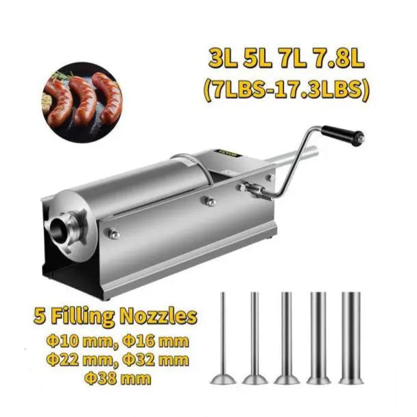 Worstenvuller – Worstenmaker - Worstmachine - Professionele 7L RVS Horizontale Worstenvuller - Inclusief 5 Vulmondstukken - QUORE
