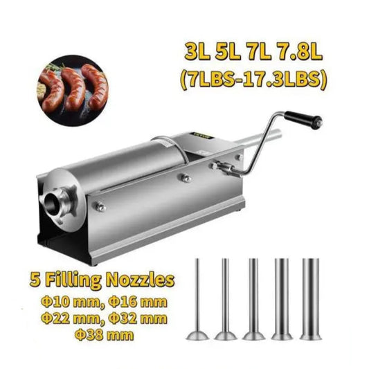 Worstenvuller – Worstenmaker - Worstmachine - Professionele 7L RVS Horizontale Worstenvuller - Inclusief 5 Vulmondstukken - QUORE